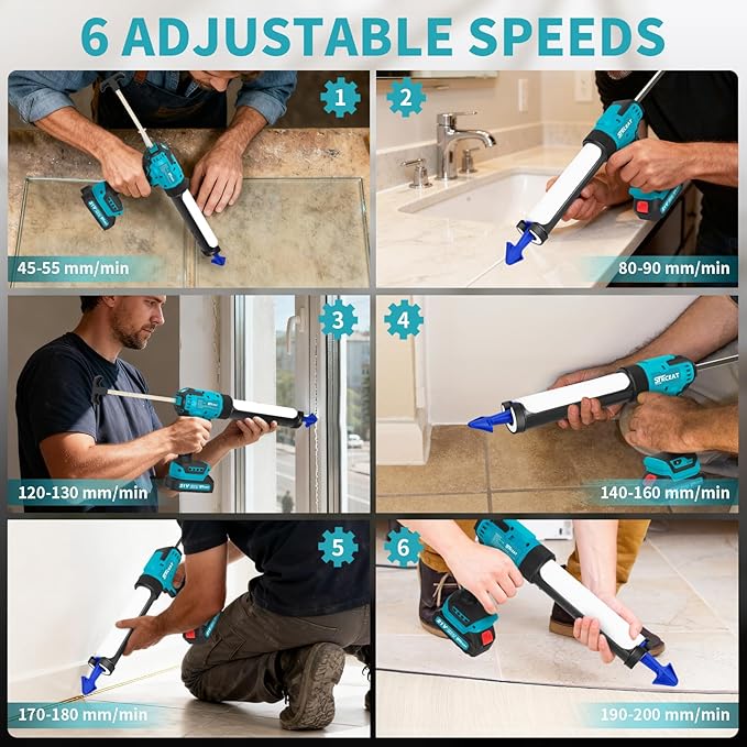 Cordless Caulking Gun, 21V Battery Powered Caulk Gun, Electric Caulking Gun w/2 x 2.0Ah Batteries, 9Pcs Caulk Remover Tool, LED Light, Auto Retract for Filling, Sealing
