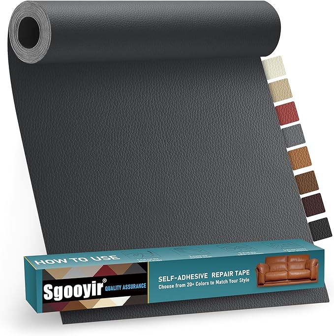 Leather Repair Patch Tape Kit, 16" x 30" Self Adhesive Leather Repair Patch for Furniture, Vinyl Leather Repair Kit for Car Seat, Chairs, Couch, Sofa, Boat Dark Grey