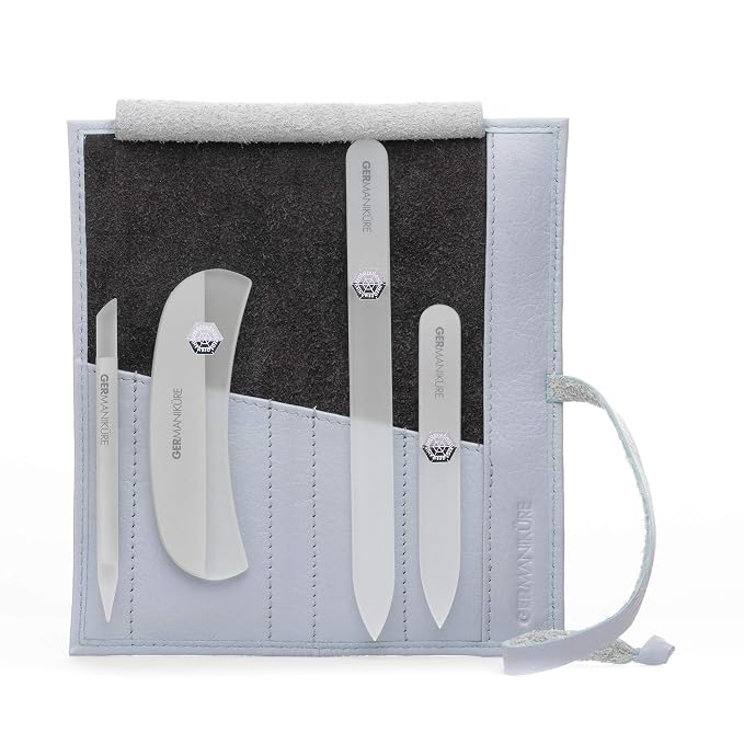GERMANIKURE Gray Crystal Glass Nail File Set in Light Blue Leather Case – Handmade in Czech Republic – Professional Manicure & Pedicure Supplies – Glass Cuticle Stick, Pusher, Moon File