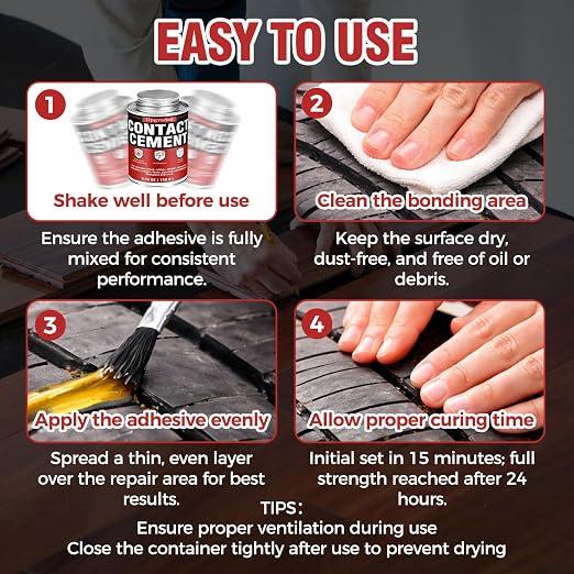 Contact Cement with Brush, Heavy Duty Neoprene Contact Adhesive, Flexible, Strong Bonding, Waterproof Glue for Wood, Leather, Rubber, Laminate & Upholstery – Easy to Use for DIY & Repair (4.16 oz)