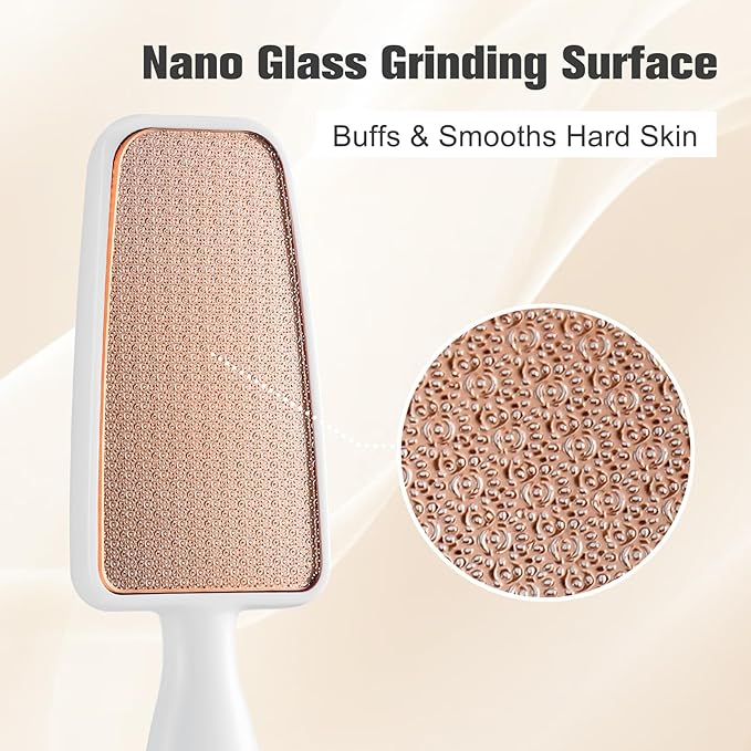 FERYES Glass Foot File Callus Remover - Long Handle Glass Foot Scrubber for Dead Skin, Cracked Heel Scraper Buffer - Professional Pedicure Tool for Smooth, Beautiful Feet - White