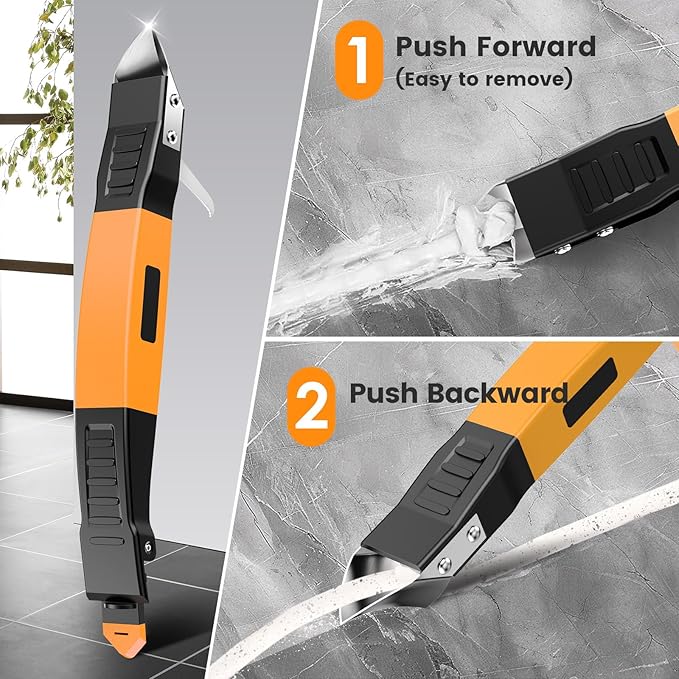 6 in 1 Silicone Caulking Tool Kit with Caulk Grout Remover Tool Sealant Finishing & Smoothing Tool, Grout Scraper, 6 Reusable Pads and Adhesive Residue Scraper for Kitchen Bathroom Tile Sink (Orange)
