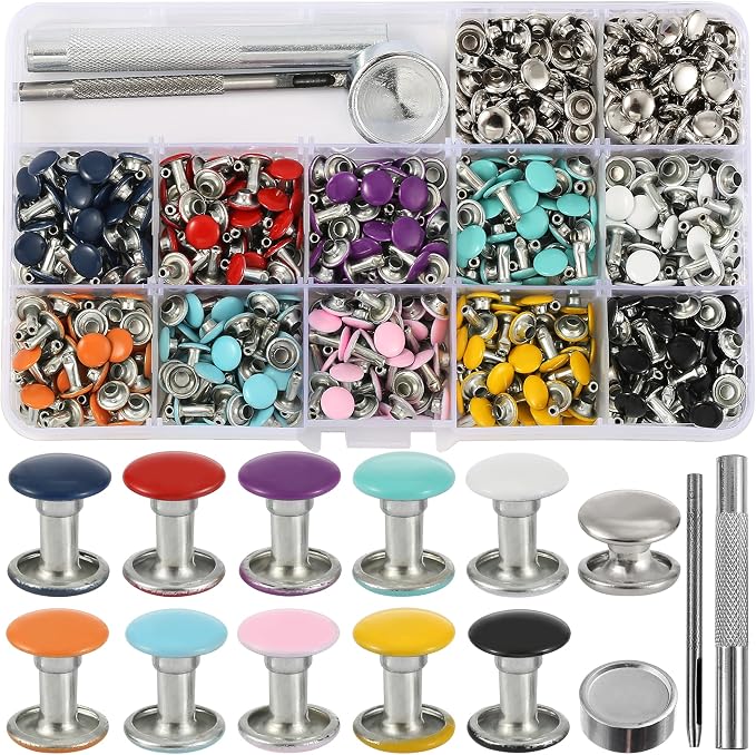 YORANYO 380 Sets 8MM Leather Rivets Kit Studs for Clothing Double Cap Rivets for Clothing Fabric Colorful Rivets with Leather Crafting Rivet Tool for Repair Decorate Clothes Shoes Bags Belt Dog Collar