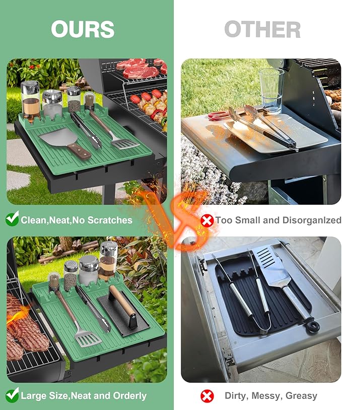 Silicone Grill Mat Compatible with Blackstone, BBQ Griddle Tools Mat with Drip Pad, Large Spatula Holder for Outdoor Kitchen Counter, Gifts for Men (Light Green)