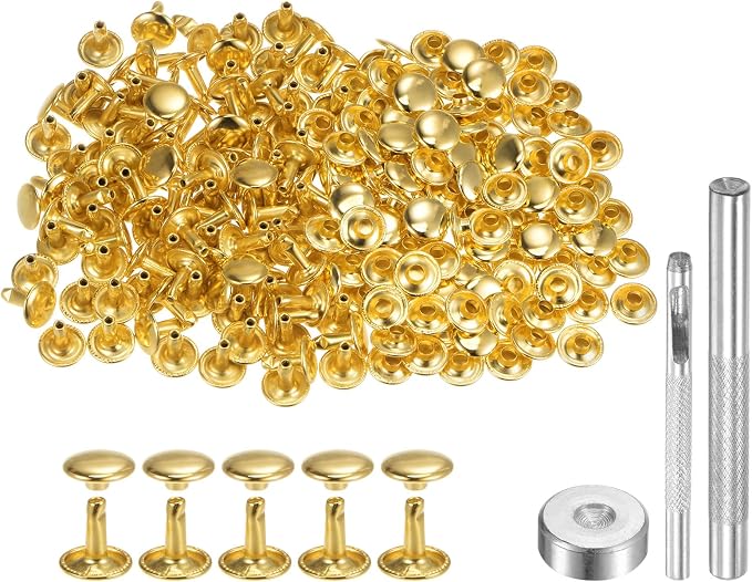 HARFINGTON 100 Sets Leather Rivets 10 x 10mm Metal Double Cap Rivet Snaps Studs Fasteners with 3pcs Setting Tools Rivets for Leather Craft DIY Repair Decoration, Gold Tone