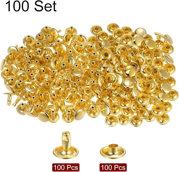 HARFINGTON 100 Sets Leather Rivets 8 x 9mm Metal Double Cap Rivet Snaps Studs Fasteners with 3pcs Setting Tools Rivets for Leather Craft DIY Repair Decoration, Gold Tone