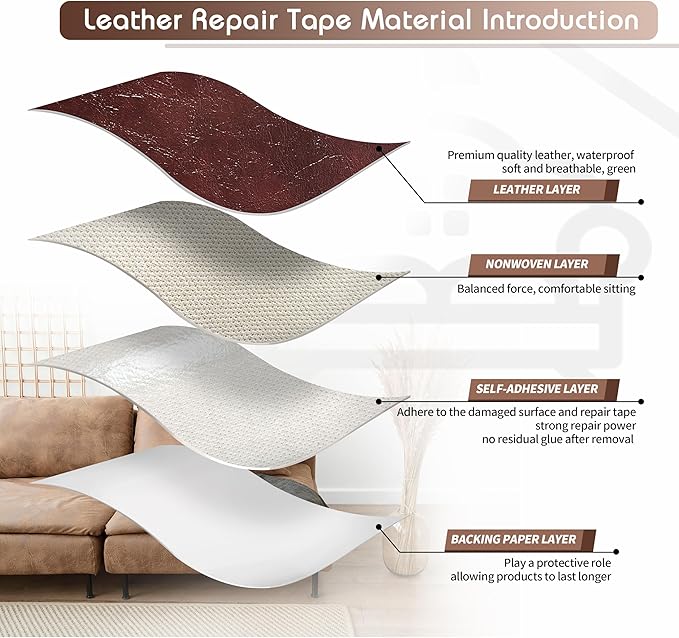 KING MOUNTAIN Leather Repair Patch,4 x 63 Inches self Adhesive Leather Repair Tape for Damaged Leather Furniture, Sofa Seating,Car Seats, Leather Goods（Red Brown）