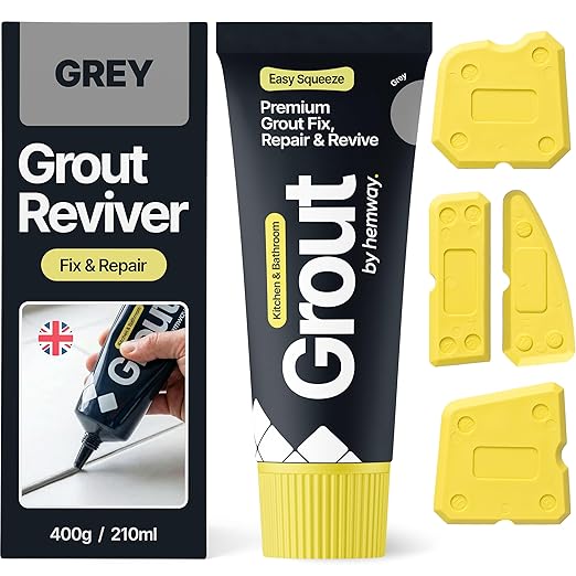 Hemway Grey Grout Reviver Kit | Ready Mixed Grout Repair 400g / 210ml with 4 Piece Profiling Tool Kit | Wall & Floor Tile Adhesive, Kitchen Bathroom Shower, Fast Drying