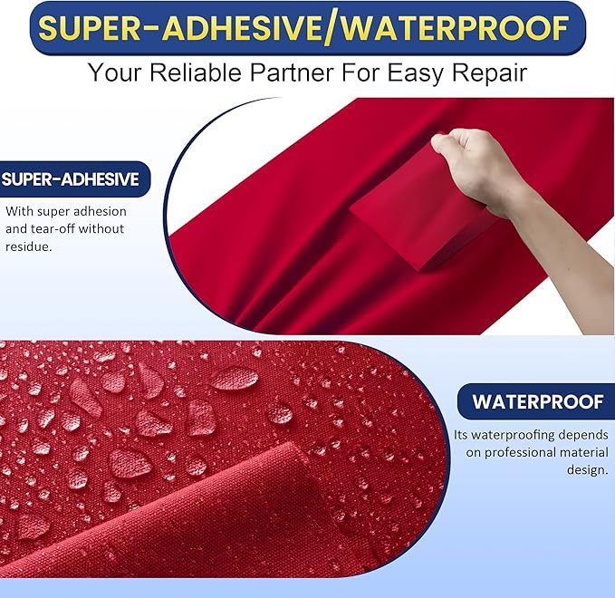 Self-Adhesive Canvas Repair Tape, 4" x 80" Waterproof Canvas Repair Patch, Fabric Patch Repairs Kit for Furniture, Tents, Sunbrellas, Boat Covers Awnings, Couches, Clothes, Bags Red