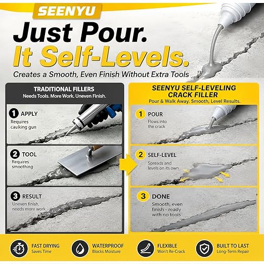 Concrete Crack Filler Self Leveling Sealant, Waterproof Fast-Drying Cement Sealer Repair, 35oz Flexible Easy DIY Outdoor Crack Seal Glue for Driveway, Sidewalk, Patio, Garage Floor, Asphalt