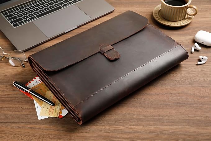 Genuine Leather File Folder, Accordian File Organizer, Leather Document Holder Resume Folio for Men & Women-Dark Brown-Custom