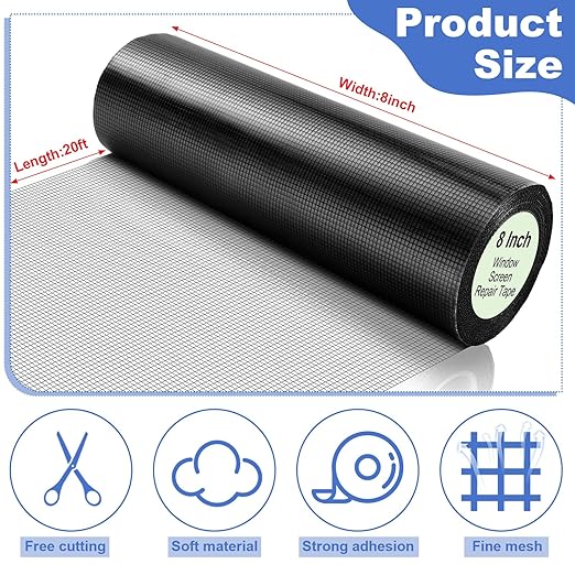 CroBlissful Extra Wide 8 inch x 20 ft Window Screen Tape Mesh Repair Strong Adhesive Waterproof Fiberglass Screen Repair Kit Patch for Window Door Tears Holes(Black)