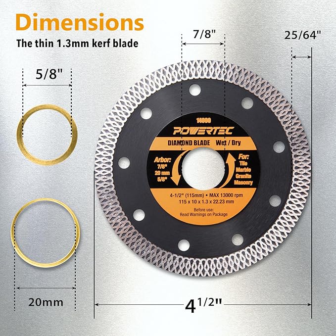 POWERTEC 14031 4-1/2 Inch Diamond Saw Blade for Angle Grinder – 1pk Super Thin Turbo Mesh Rim Blade for Cutting Porcelain, Granite & Ceramic Tile w/ 4pk Large Square Grout Sponge – Tile Grout Removal