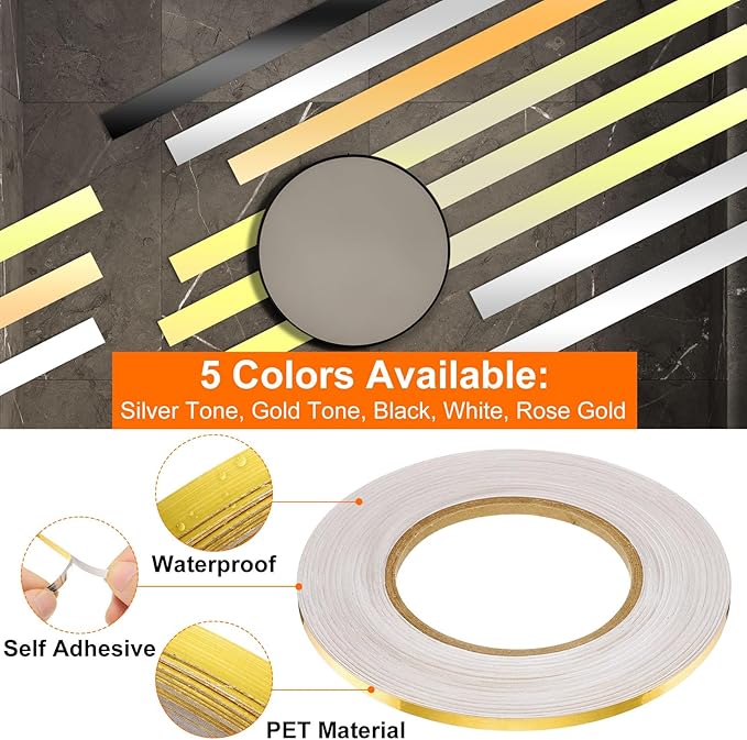 HARFINGTON 2Pcs Floor Tiles Gold Foil Lines Metallic Mirror Tape 0.2" x164 Ft Self Adhesive Decor Floor Wall Seam Sticker Waterproof Gap Sealing Tape for Kitchen Bathroom Cabinet
