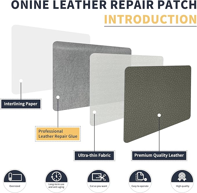 ONine Leather Repair Patch，Leather Repair Tape, 16 x 90 inches Leather Repair Patch for Furniture,Vinyl Repair Kit，Leather Couch Patch，for Sofas, Furniture, Car Seats（Grey-Litchi Grain