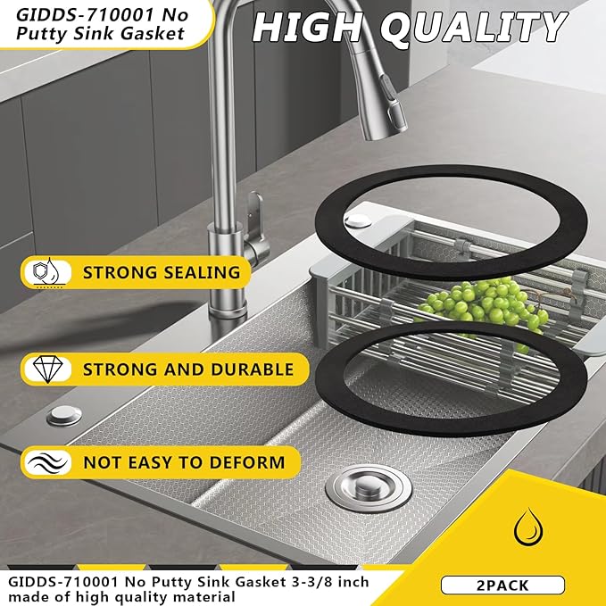 GIDDS-710001 No Putty Sink Gasket 3-3/8", Fits All Standard Drain Attachments,Self-Adhesive Kitchen Sink Drain Gasket Seal, Replaces Plumbers Putty for Sink Drain (2-Pack)