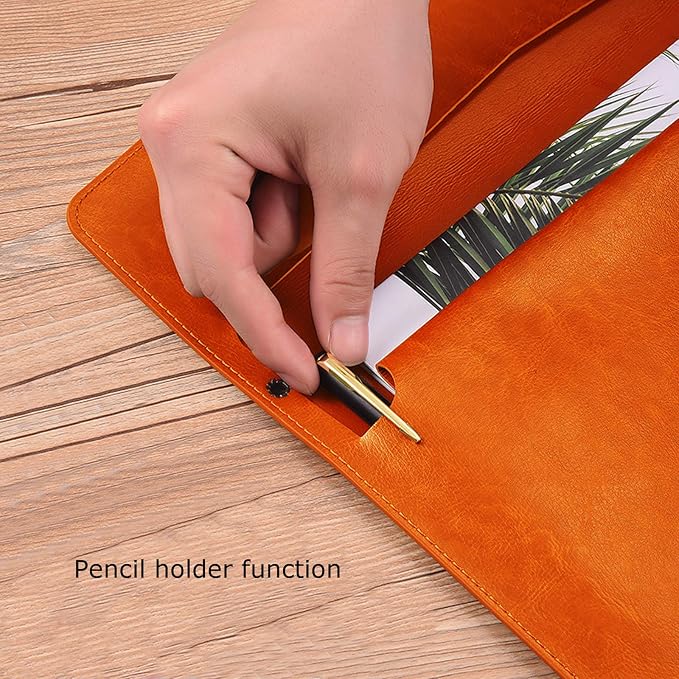 PU Leather A4 File Folder Document Holder Envelope Folder Case with Snap Closure for Receipt Contract Orange