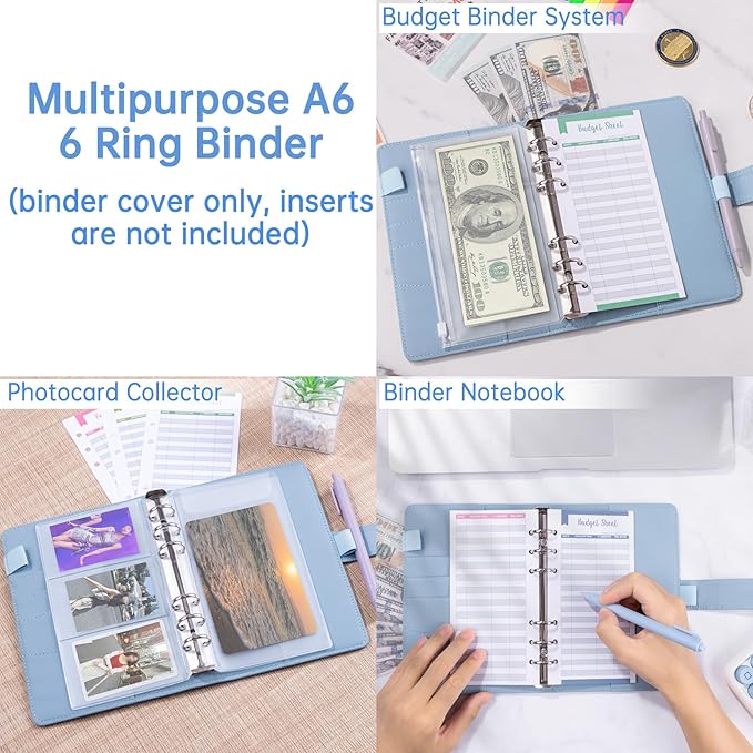 Antner A6 Notebook Binder Refillable 6 Ring Budget Binder Cover for A6 Refill Paper, PU Leather Budget Planner Organizer with Magnetic Buckle, Loose Leaf Personal Planner, Airy Blue