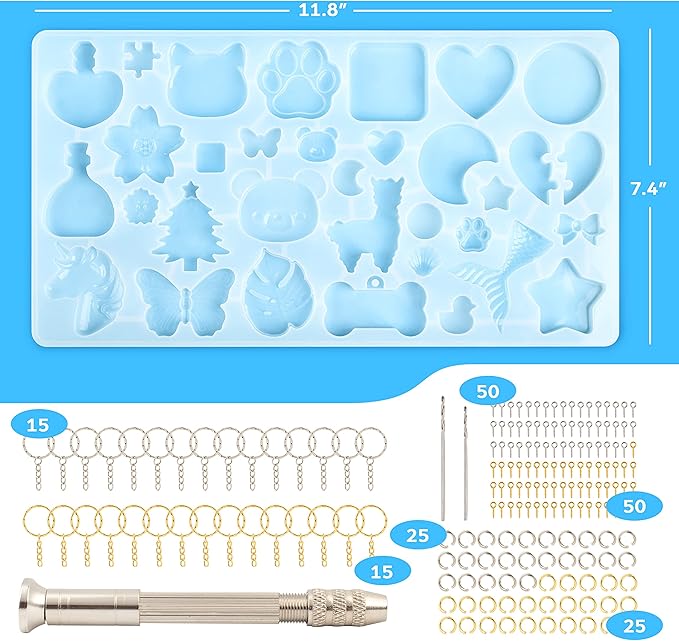 Mocoosy 182Pcs Resin Molds Silicone Kit for Keychains, 32 Cavities Silicone Molds for Epoxy Resin Casting, Variety Shaped Resin Key Chain Molds Making Set DIY Ornaments Crafts Supplies