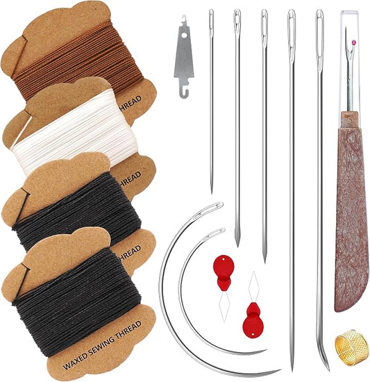 Upholstery Repair Kit: Extra Strong Waxed Sewing Thread 4 Rolls (3 Colors) &Heavy Duty Household Hand Needles (7 PCS) for Leather, Canvas, Bookbinding & Quilting Thread