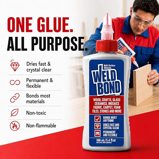 Weldbond Multi-Surface, Non-Toxic Glue, Bonds Most Anything! Use as Wood Glue or for Glass Crafts Ceramic Tile Mosaic Porcelain Stone Fabric Carpet & More. 4-Pack of 5.4oz /160ml