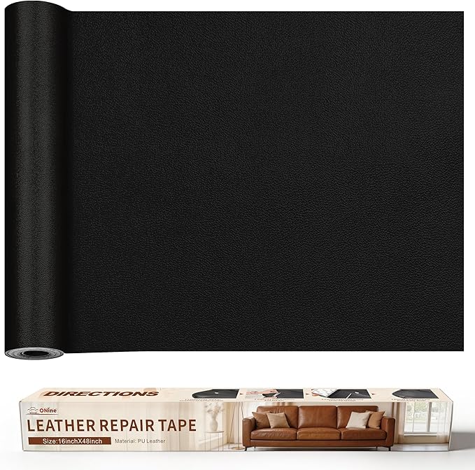 ONine Leather Repair Patch，Leather Repair Tape, 16 x 48 inches Leather Repair Patch for Furniture,Vinyl Repair kit，Leather Couch Patch，for Sofas, Furniture, car Seats(Black-Fine Grain)