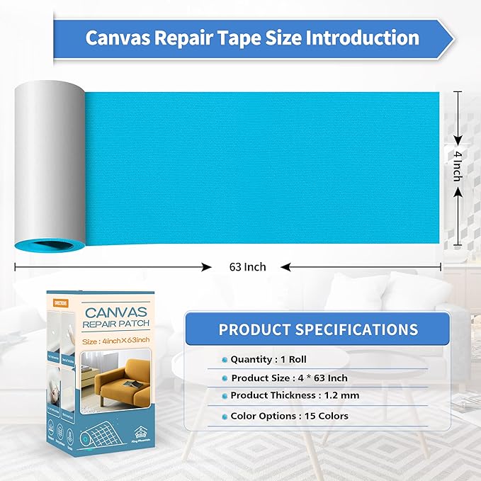 KING MOUNTAIN Canvas Repair Tape,Outdoor Gear Patch, 4×63 Inches,Waterproof,Self-Adhesive for Repairing Boat Covers,Sun Shades,Sofas,Tents,Lounge Chairs,Awnings (Blue)