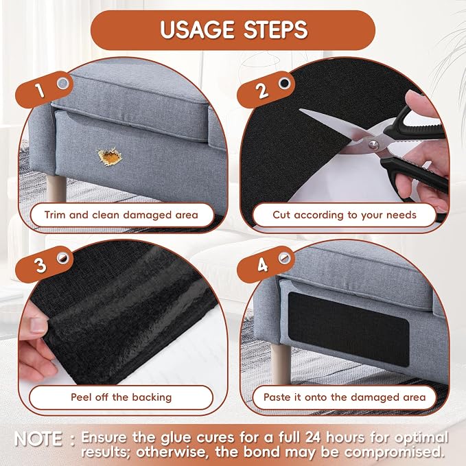 Linen Fabric Repair Tape 2 Pcs 8x12 Inch, Self Adhesive Couch Patch Repair Fabric Tape for Furniture, Linen Patch Kit for Couch, Carpet, Upholstery, Chair, Sofa, Cushion, Bag (Black)