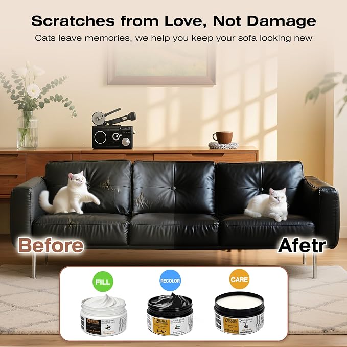 12H Quick-Dry Leather Repair Kit with 3.53Oz Gray Leather Recoloring Balm, Filler & 4.23Oz Care Cream, 3-in-1 Vinyl Repair Set for Sofa, Car Seats, Jackets, Purses, Shoes, Faux Leather and More