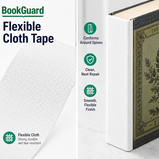 BookGuard 1 Inch White Book Binding Tape, Flexible Cloth Book Repair Tape for Spines, Covers, Textbooks, Hymnals, Bibles and Library Books, 15 Yard Roll