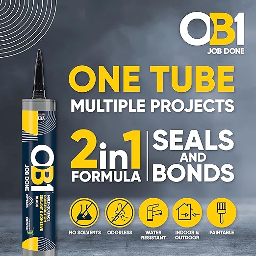 OB1 Universal Caulk Sealant & Adhesive Black 10.1oz | Professional Grade Premium All-in-One Advanced Hybrid 2-in1 | Water Resistant Internal & External | Shrink Crack UV & Fade Resistant | 1 Cartridge