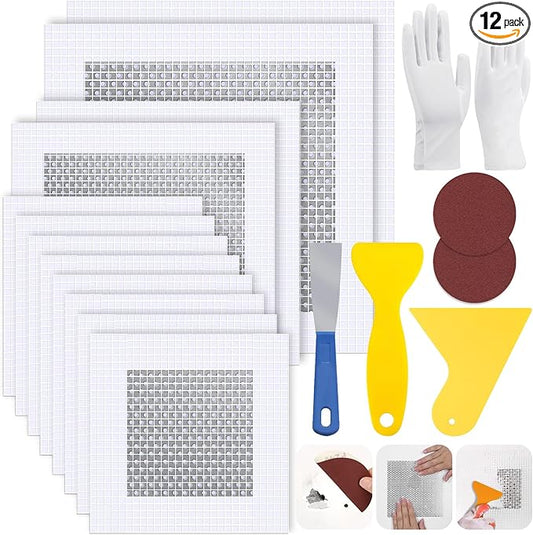 12 PCS 4/6/8 Inch Wall Repair Patch Kit, Aluminum Mesh Dry Wall Hole Repair Patch with Scraper Sandpapers Gloves Heavy Duty Wall Repair for Large Holes Quick Fixes