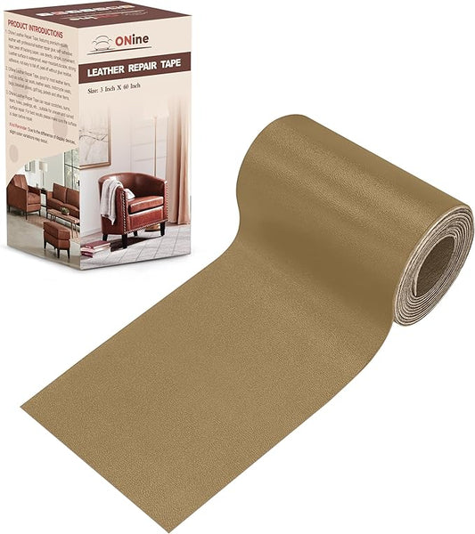 ONine Leather Repair Patch，Leather Repair Tape, 3 x 60 inches Leather Repair Patch for Furniture,Sofas, Office Chair,car Seats,Vinyl Repair Kit(Grey Khaki)