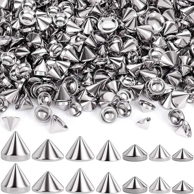 OIIKI 140PCS ABS Bullet Spike Cone Studs, 7 Styles Rivets Cone Spike Studs Beads, Flat Back Punk Spikes DIY Crafts Studs Glue on Decoration for Leather Clothes Belt Bags Jewelry Trims - Silver
