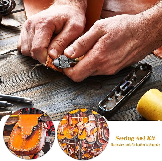 WILLBOND 12 Pcs Leather Sewing Awl Kit Hand Stitcher Including Handheld Sewing Repair Awl Straight and Bent Needles and 8 Rolls Waxed Threads with Small Screwdriver for DIY Craft