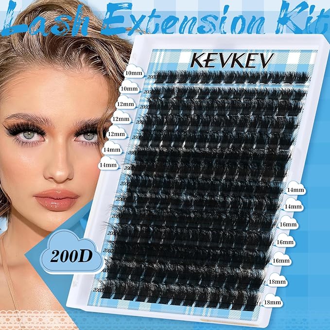 KEVKEV Lash Extension Kit 182pcs Volume Lash Clusters 200D Lash Clusters Kit 10-18mm Individual Lashes Kit With Lash Bond And Seal,Lash Tweezers Thick Lash Extension Kit DIY At Home(0.05D,200DD)