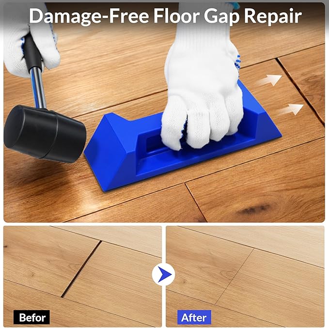 10PCS Floor Gap Fixer Tool Kit, Floor Repair Tools with Upgrade 60° Angle Nylon Block, Rubber Mallet & 6 Washable Adhesive Pads, Plank Grabber for Vinyl Laminate Hardwood Flooring Repair