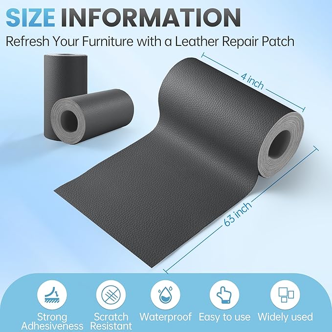 Leather Repair Patch Tape Kit, 4" x 63" Self Adhesive Leather Repair Patch for Furniture, Vinyl Leather Repair Kit for Car Seat, Chairs, Couch, Sofa, Boat Dark Grey