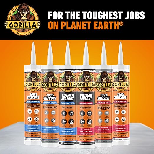 Gorilla 100% Silicone Caulk Kitchen & Bath Sealant, Mold Resistant, 10 oz. Cartridge, Clear