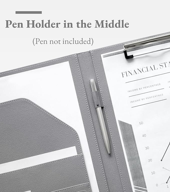Zreal Padfolio Portfolio Binder with Clipboard & Card Holder, Faux Leather File Folder, Folio Resume Paper Organizer for A4 Letter Size Document, Legal Pad Holder for Women Man (Grey)
