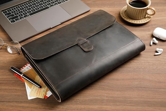 Genuine Leather File Folder, Accordian File Organizer, Leather Document Holder Resume Folio for Men & Women - Grey