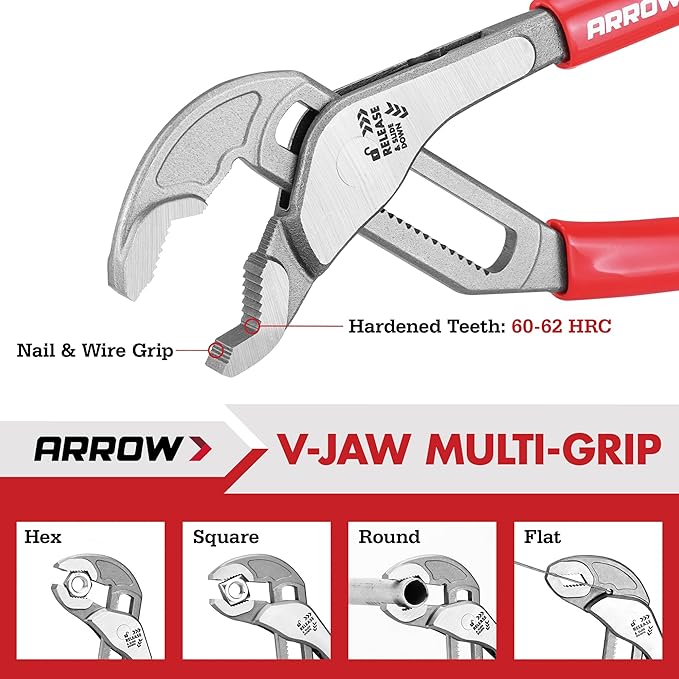Arrow 8" V-Jaw Groove Joint Pliers, Quick Adjustable Water Pump Pliers with 18 Positions, CR-V Steel, for Plumbing, Automotive, Mechanical Repair and Household Use
