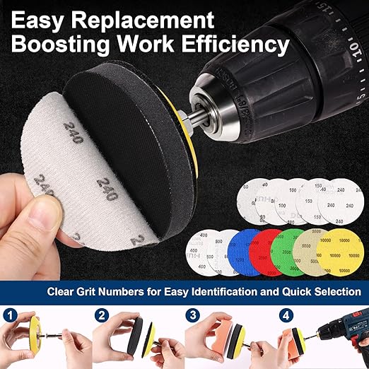 199 PCS 3 Inch Wet Dry Sanding Disc, GOH DODD Headlight Restoration Kit Drill Polishing Kit Sanding Attachment Hook Loop Sandpaper Buffing Pads with Rotary Tools for Car Wood Metal Glass Resin Expoxy