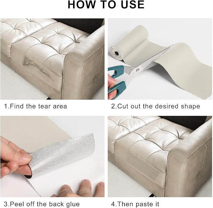 YAFLC Leather Repair Patch for Furniture, 4" x 63" Self Adhesive Leather Repair Kit Vinyl Repair Tape for Car Seat Sofa Jackets Couches Chair Apricot
