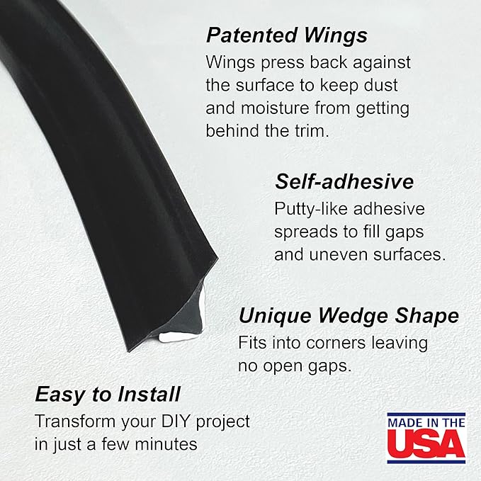 InstaTrim Peel & Stick Flexible Caulk Tape & Trim, Easy to use, self-Adhesive, Caulk sealant for Floors, Doors, Windows, counters, tubs and More - Made in USA, 1/2 inch x 50 feet, Black
