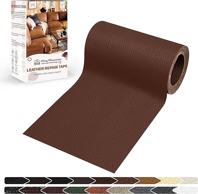 KING MOUNTAIN Leather Repair Patch,4 x 63 Inches self Adhesive Leather Repair Tape for Damaged Leather Furniture, Sofa Seating,Car Seats, Leather Goods (Medium Brown)