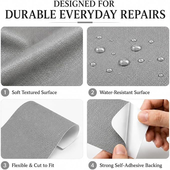 Self Adhesive Leather Repair Patch 24x54 Inch, Large Vinyl Repair Kit，Grey | Leather Tape for Furniture, Couch, Sofa, Car Seats. Waterproof, Strong Adhesion, Easy Cut Pleather Patch Waterproof Scratch