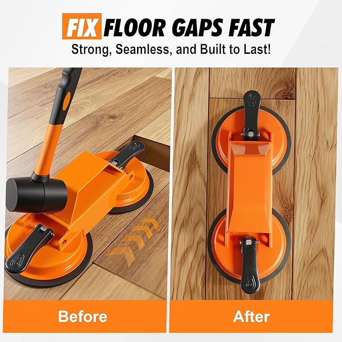 Floor Gap Fixer Tool with Dual Silicone Suction Cups & Rubber Hammer – 45° Angled Striking Surface, Includes Adhesive Pads – for Laminate, Vinyl Plank, SPC & Engineered Hardwood Floors