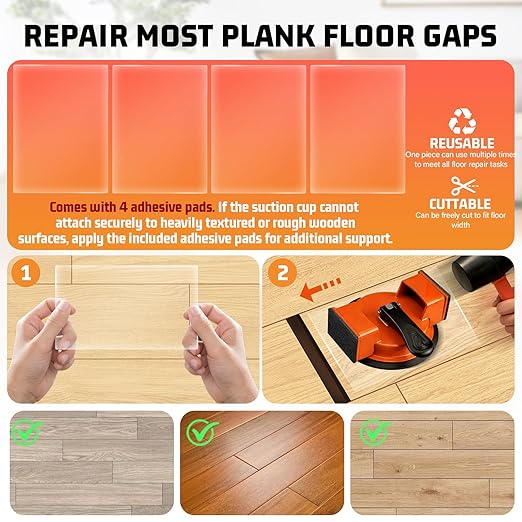Floor Gap Fixer Tool Heavy Duty - Enhanced Vacuum Suction Cup with Quick Lock, 4 PCS Sticky Pads for Laminate, Vinyl, Wood, Tile Flooring Repair