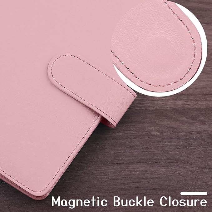 Antner A6 PU Leather Notebook Binder 6 Ring Refillable Budget Binder Cover for A6 Refill Paper, Loose Leaf Personal Planner Organizer with Magnetic Buckle for School, Office, Travel & Photocard, Pink